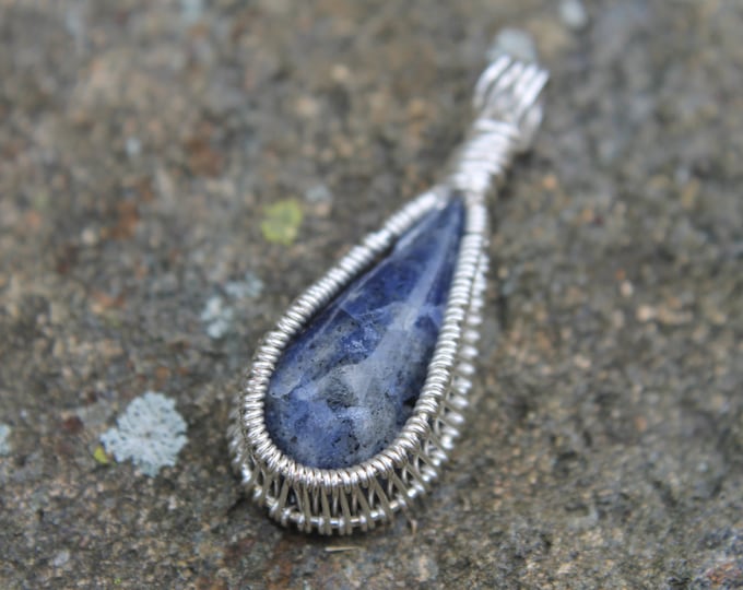 Blue Sodalite with Silver Wire Wrap Pendant; Hand Cut Tear Drop Natural Stone Wire Weave Jewelry, Earthy BoHo Hippie Necklace