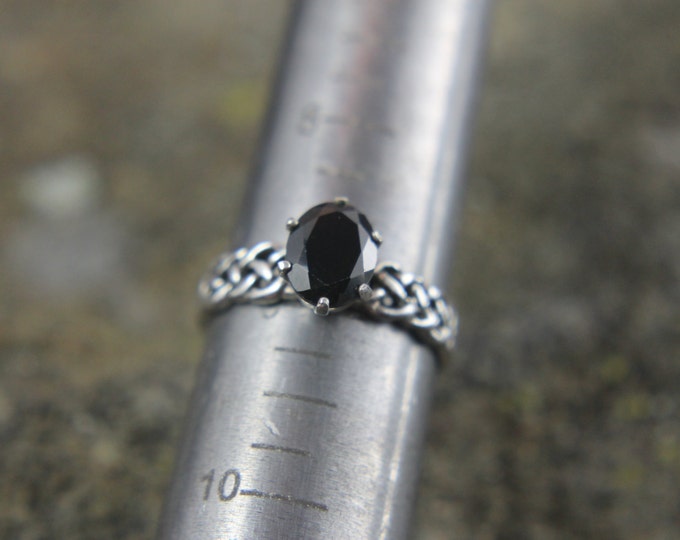 Dark Garnet Gemstone Ring, Celtic Twisted Sterling Silver 6 Prong Woven Ring, Size 9, 9 x 7 mm Stone, January Birthday Gift for Him or Her