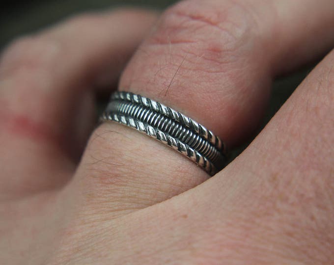 Solid Sterling Silver Wedding Band, Twisted and Ridged Design, Vintage Style Ring for Him or Her, Mans or Womans Anniversary / Promise Ring