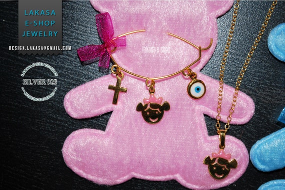 SET enamel princess baby brooch and chain necklace 925 sterling silver jewellery gift idea baptism newborn religious happy shower day mother