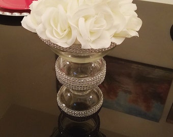 5" and 8.5" Short Glass Pedestal Vases (with or without) Rhinestones, Wedding Centerpiece Vase, Candy Buffet Jars, Candy Jars