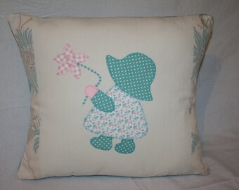 Little Girl with Flower Appliqued Cushion, Duck Egg Blue, Laura Ashley Fabric, Decorative Cushion, Bedroom, Child's Cushion, Cute, Gift