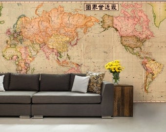 world map wall mural, old map wallpaper, vintage old map, mural, self-adhesive vinly, world map decal, antique map wallpaper, Japanese map