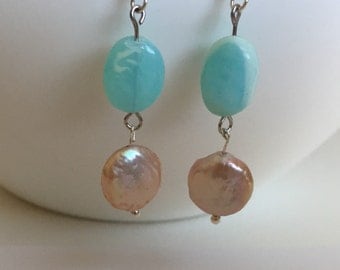 Peruvian Blue Opal and Blush Coin Pearls Dangle Earrings