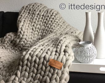 Living blanket XXL 100% Merino Wool light grey/brown/Plaid thick wool Chunky knit chunky knit