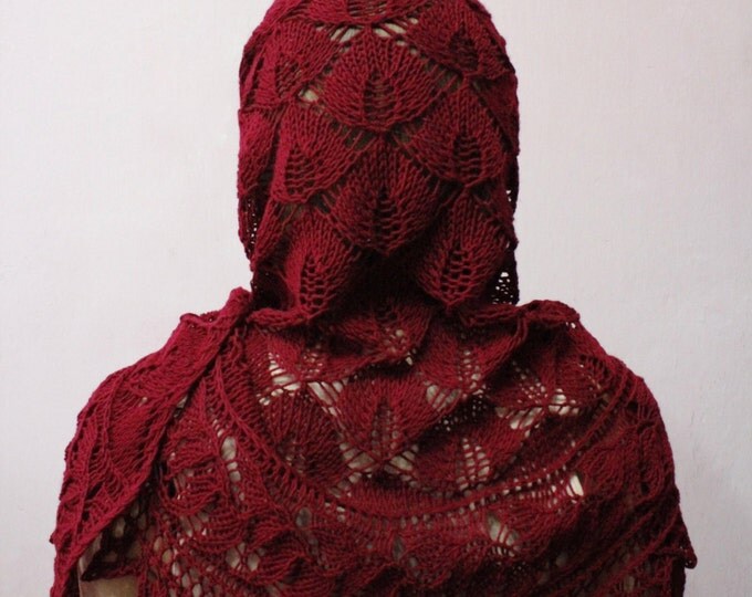 knitted scarf, knit shawl, crochet shawl, maroon shawl, cashmere shawl, crochet scarf, hand knit, scarf in the form of a crescent