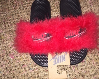 girl nike slides with fur