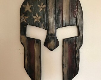 Spartan helmet, american flag spartan helmet, handmade disressed wood