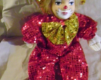 Vintage Porcelain Clown with Red Sequin Outfit