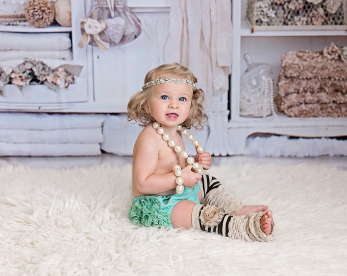 Baby Girls beige stripy leg warmers, ruffled bloomers, necklace, bracelet, headband; green and beige, baby photography prop, birthday outfit