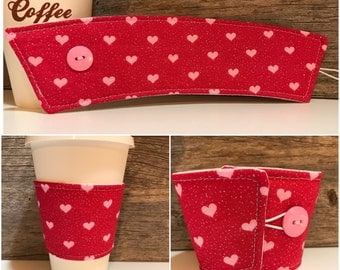 Handmade Sparkly Pink Hearts Fabric Drink Sleeve / Valentine's Day Gift / Coffee Cozy / Fabric Coffee Sleeve / Gifts for Women / Drink Cozy