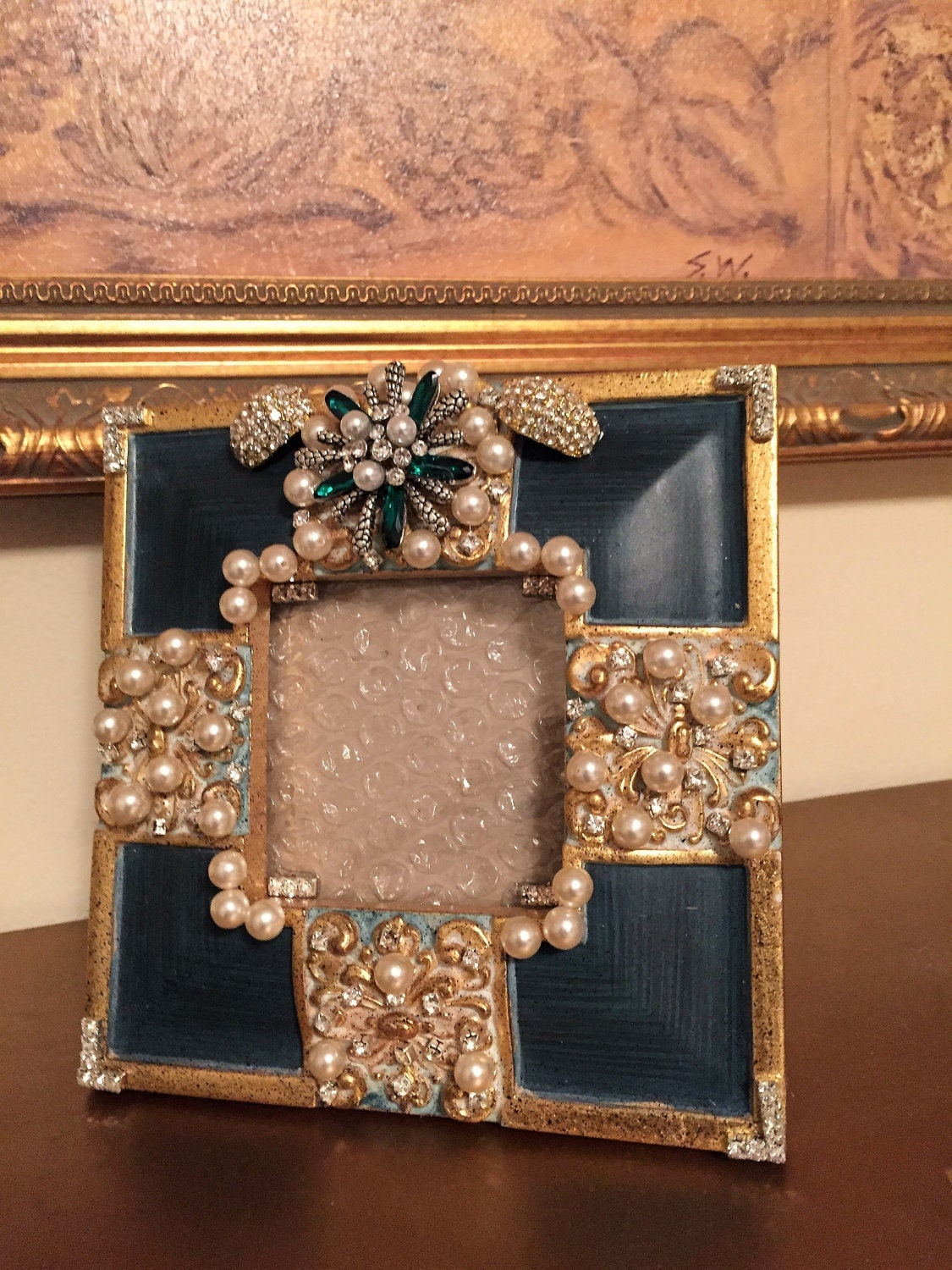 Jeweled Picture Frame Vintage Pearled with Rhinestone