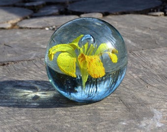 Yellow flower in glass paperweight Home glass decor Paper weight glass art Vintage bubble glass artwork Office desk accessories Boss gift