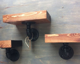 Industrial Rustic Urban Pipe Shelves, Steampunk Shelves, Black Iron Shelves, Rustic Shelves (Set of 3)