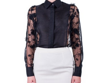 Shirt in silk organza and hand-embroidered lace, handmade PIECE size (it 42 - eu 38 - uk 10 - us 6) PROMOTIONAL PRICE