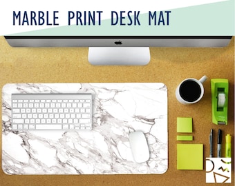 White Marble Print Desk Mat with Available Custom Monogram - 2 Sizes - High Quality Digital Print, Extended Mouse Pad - Desk Accessory