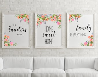 Set of 3 prints Set of 3 wall art Personalized family name Custom family name Printable set Home decor Watercolor flowers Floral wall art