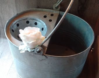 ENGLISH SCHOOL BUCKET, galvanised metal pail, tin flower pot, rustic garden planter, farmhouse antique, shabby chic industrial decor