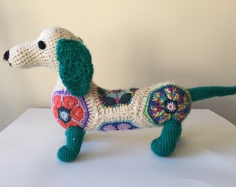 Crocheted Dachshund, Stuffed Dachshund, African Flower,