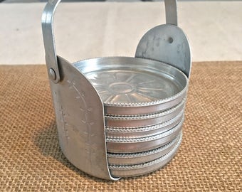 Vintage Aluminum Embossed Coaster set with Holder