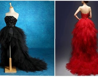 Strapless, BLACK or RED Wedding Gown, High Low w/ Train - Perfect for Gothic Weddings, Pageants, Proms & Masquerade Balls Tull and Crystals