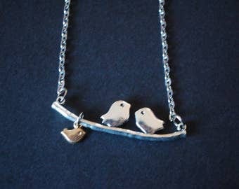 Love birds on a branch with baby bird necklace