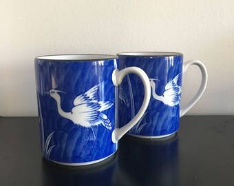Vintage, Blue And White Coffee Mugs, Coffee Cups, Tea Cups ,Crane Bird, Oriental Decor, Japanese Ceramics, Japanese Cups,Japanese Pottery