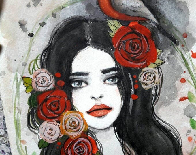 Floral Girl ORIGINAL watercolor painting by Tatiana Boiko, wall hanging, wall art, fashion illustration, gift, decor, roses Russian art
