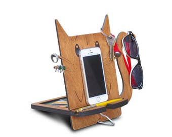 cell phone holder for desk, iphone dock stand, cat ornament, iphone 6s+, wood cat, pets illustration, anniversary gift, brown cat, cat art