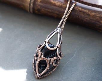 Black stone necklace pendant // Black agate necklace // Long black gem stone agate necklace // Wire wrapped black agate necklace pendant