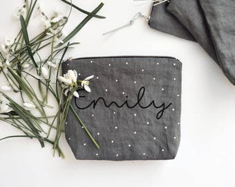 personalized makeup bag/ custom name cosmetic bag/ stone washed linen bag/ bridesmaids gift bag/ screen printed makeup bag/ dotted print