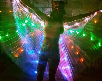 Light up LED shiny iridescent hologram pleated festival carnival dance costume angel fairy wings jacket cape burning man Coachella glasto UK