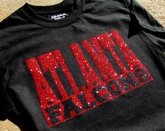 Atlanta Falcons Glitzy Bling Black T-Shirt with Brilliant Sparkling Red and Black High Sparkle Glitter on a Black Shirt