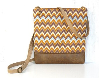 Chevron Crossbody Bag, Fabric Hip Bag, Zipper Cross Body Purse - Crenellate in Gold, Tan, Cream and Light Blue