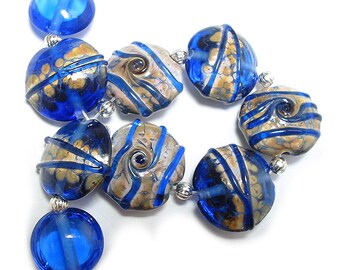 Denim Blues Lentils, SRA Handmade Glass Lampwork Beads