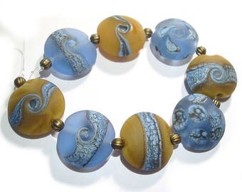 Blue and Tan etched Lentils, Handmade Glass Lampwork Beads,