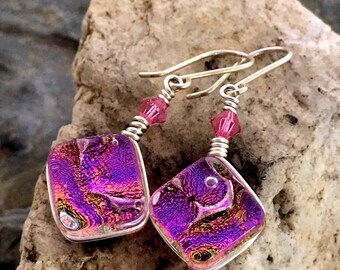 Dichroic Glass Earrings Translucent Pink Wire-Wrapped with Sterling Hooks