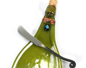 Gold Green Wine Bottle Serving Tray with Dichroic Glass and Cork and Spreader - Recycled Eco-Friendly