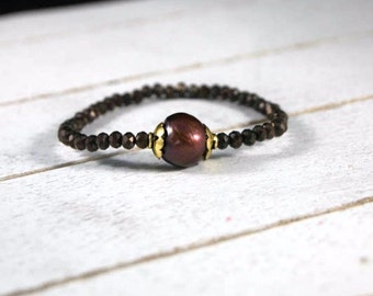 Brown Pearl and Brown Crystal Stretchy Bracelet / Pearl and Crystal Bracelet / Pearl Bracelet / Chrystal Bracelet / Stretchy Bracelet