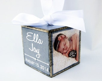Baby's First Christmas Ornament in Soft Grey, Personalized Photo Block Ornament Keepsake, Photo Ornament