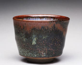handmade ceramic tea cup, pottery cup, yunomi, espresso cup with light blue and brown green wood ash glazes