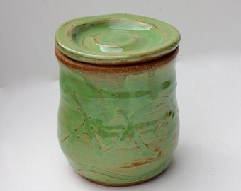 Stoneware Lidded Jar with Carved Decoration in Glossy Spring Green