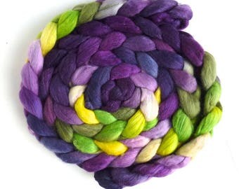 Polwarth/Silk Roving - Handpainted Spinning or Felting Fiber, Black Pansies