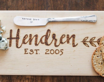Personalized Cheese Board and Vintage Silverplate Spreader - Wedding gift - Anniversary gift- rustic cheese board- newlywed gift