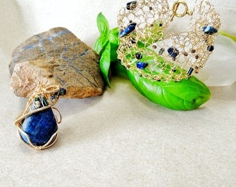 Lapis Lazuli Jewelry Set - Wire Wrapped Pendant - December Birthstone Jewelry - Handmade Bridal Jewelry Set- Healing Crystal Jewelry - Boho