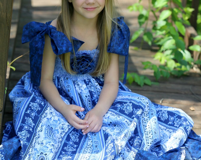 Handmade Little Girls Maxi Boho Dress - Summer Cotton Clothes - Baby - Toddler - Party Dresses - 4th of July - Blue - 12 mo to 8 yrs