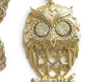 Owl Pendant Necklace with Rhinestone Eyes Vintage
