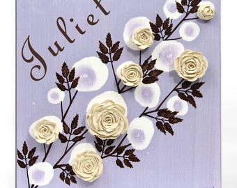 Custom Name on Canvas Art with Sculpted Roses - Gift for Girl Purple and Brown Acrylic Painting of Flowers - Small 10x10