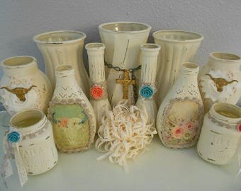 Shabby Chic Vases, Gypsy Cowgirl Vases, Painted Vases, Glass Vases, Wedding Vases, Bohemian Vases, Rustic Vases, Ivory Vases, Party Vases