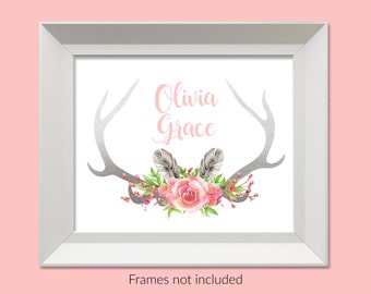 Personalized Boho Tribal Nursery Print, Boho Nursery, Custom Name Print, Baby Girl Nursery Wall Art, Deer Antler Print, Gray Pink Nursery